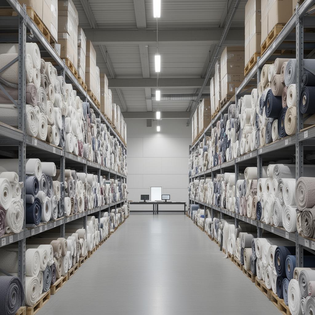 Organized rolls of fabric in a textile warehouse